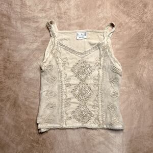 Vintage 90s L.S.I Cream Geometric Textured Tank Top Waffle Knit Cami Boho Fairy